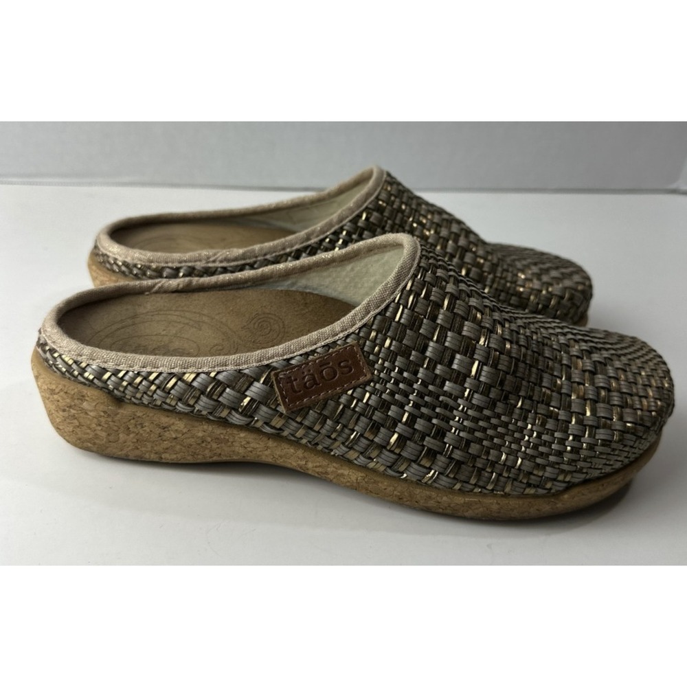 Taos Primavera Woven Leather Tan Bronze Basketweave Clogs Cork Sandals US 8 8.5 - Picture 9 of 13